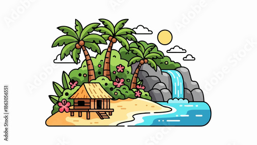 An isolated cartoon tropical island scene featuring a beach hut, palm trees, lush foliage, a waterfall, and ocean