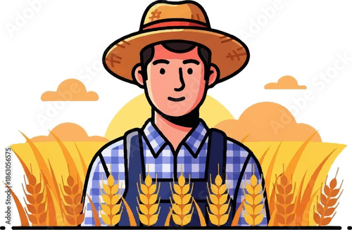 Farmer in wheat field with sun and clouds