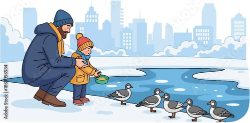 Father and child feed ducks by a city lake in winter