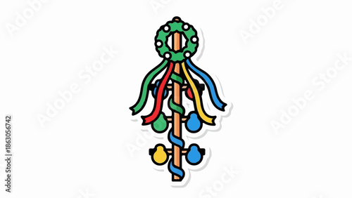 Decorated Maypole with ribbons, ornaments, and a wreath at top
