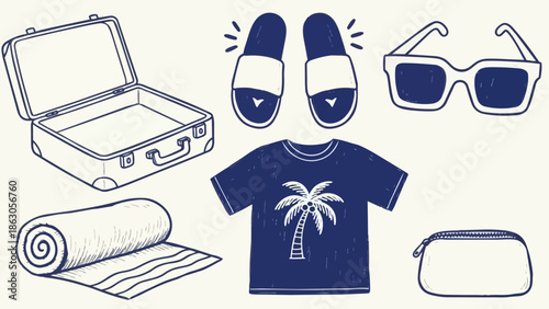 Hand drawn vector art of open suitcase slippers sunglasses palm tree t shirt rolled towel and small pouch travel essentials set