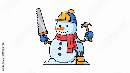 An industrious snowman wears a hard hat and scarf, holding a saw, hammer, and tool belt