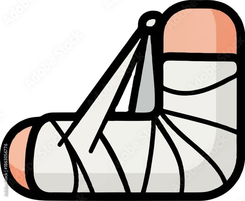 Cartoon illustration of a bandaged limb, possibly an arm or leg, in a sling or cast, depicting an injury