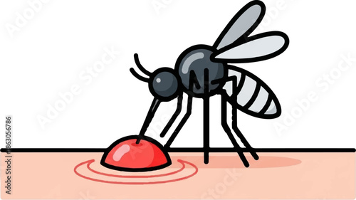 Cartoon illustration of a black and grey mosquito with wings, proboscis sucking blood from a pink arm