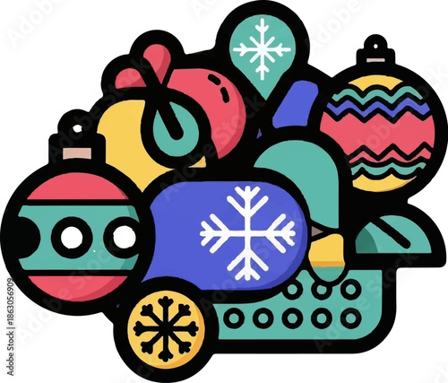 Festive arrangement of Christmas ornaments and snowflakes in vibrant colors