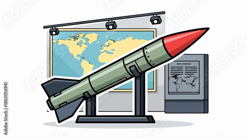 An illustrative image of a green and red rocket on a display stand, with a world map and info panel behind