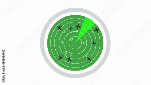 An illustrative green radar screen displaying multiple black airplane silhouettes and a bright green scanning beam