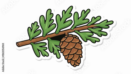Cartoon illustration of a brown branch with green needles and a brown pine cone, isolated on white
