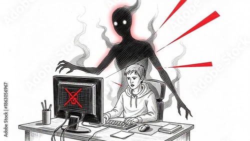 Young child victimized by unseen online menace, highlighting the critical need for digital security awareness and protection against internet dangers and cyber threats