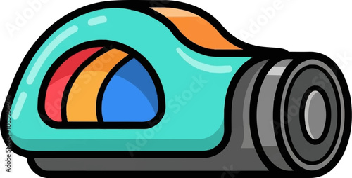 Cartoon-style camcorder illustration with a teal body and vibrant rainbow accents, featuring a large lens