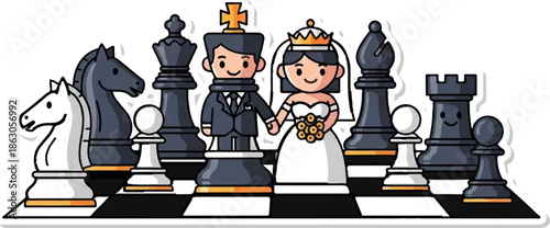 Cartoon-style chess pieces, including a bride and groom as king and queen, on a chessboard