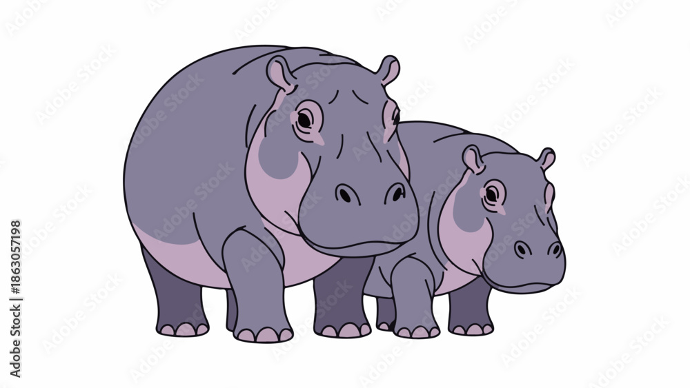Fototapeta premium Adorable vector illustration depicting an adult hippopotamus and its baby in grey-purple hues