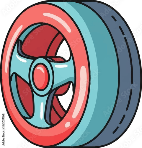 Cartoon illustration of a colorful car wheel with red spokes and a blue tire on a white background