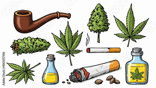 An illustration of various cannabis-related items, including leaves, buds, oil, pipe, and joints