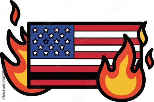 Cartoon-style flag of a nation with red, white, and blue, engulfed in vivid orange and yellow flames