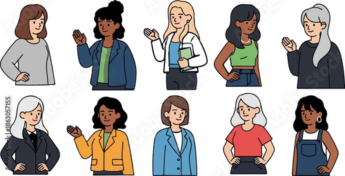 Collection of diverse women in professional and casual attire, posed against a white background