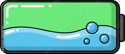 Cartoon-style horizontal battery icon with green and wavy blue liquid, featuring bubbles and white highlights