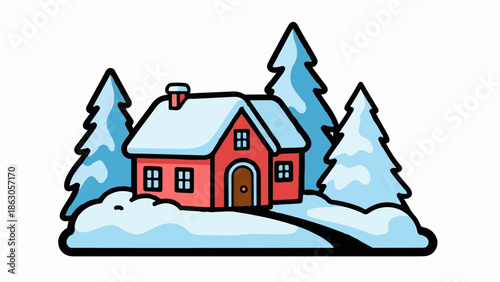 Cartoon illustration of a cozy red house nestled among snow-covered pine trees, surrounded by snowdrifts