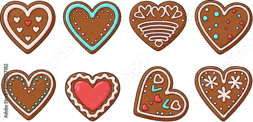 Collection of eight artistic heart-shaped cookies with assorted decorative icing patterns