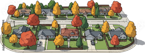 Aerial view of a suburban neighborhood with autumn trees and houses