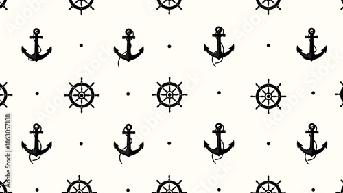 Seamless nautical pattern featuring black anchors and steering wheels on a cream background