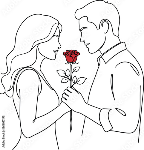 Young man and woman on a date, holding a red rose in a romantic moment. Minimalist line art vector illustration of love and romance.