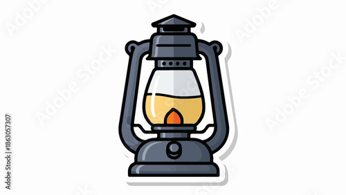 Cartoon-style illustration of a vintage gray oil lamp with a glowing orange flame and glass reservoir