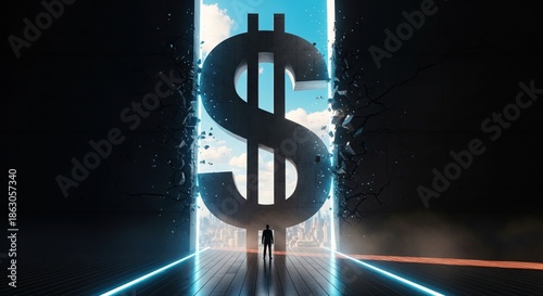 A person walks towards a glowing dollar sign portal in a dark futuristic environment