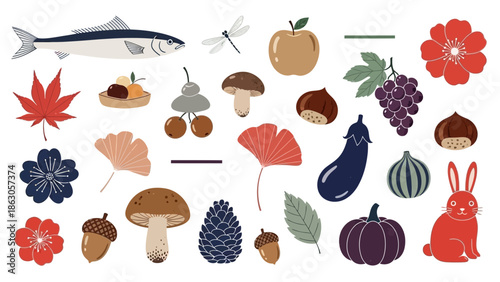 Set of autumn harvest illustrations, including vegetables, fruit, nuts, leaves and animals