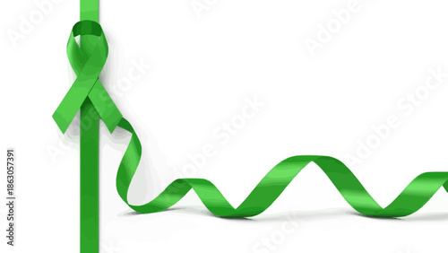 Symbolic green ribbon on white background for cause awareness and support