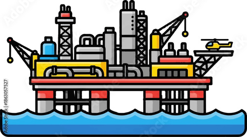 An illustration of an offshore oil rig with a helicopter