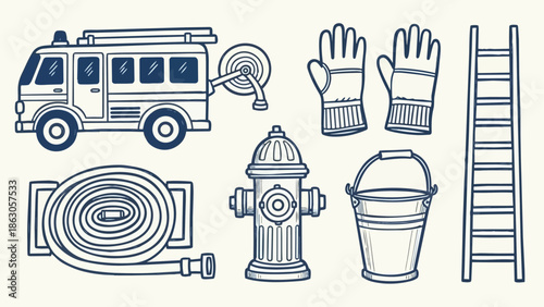 Hand drawn style firefighting equipment set including fire truck ladder hose hydrant gloves and bucket in vector art