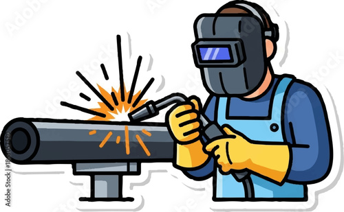 An illustration of a worker in a welding mask and gloves, actively welding a pipe, with sparks flying