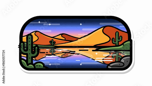 Desert sunset with sand dunes, cacti, and reflective water under a starry sky