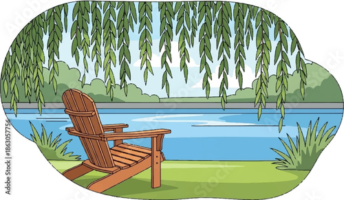 Adirondack chair on green grass by calm water, weeping willow leaves overhead, clear sky background