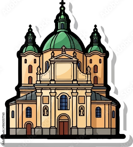Detailed cartoon illustration of a grand church with green domes and crosses, featuring baroque architecture