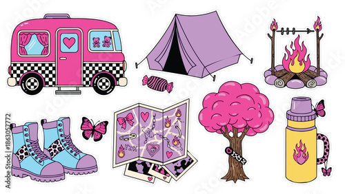 Colorful y2k style illustrated purple tent pink tree yellow thermos blue boots and campervan camping set with playful details