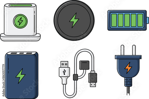 Battery charging icon illustration set, power energy charger cable plug wireless charging devices isolated on white background