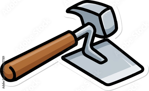 Detailed cartoon illustration of a combined plastering trowel and hammer tool with a wooden handle