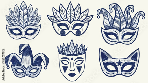 Hand drawn blue ink tribal masks collection with feather headdresses jester hat and cat ears carnival festive theme
