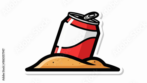 An illustration of a red and white soda can partially buried in a mound of sand, outline style