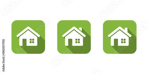 House, home icon set with long shadow. Real estate, residence, and property symbol in green square