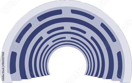 Abstract tunnel perspective with curved blue and light grey geometric shapes
