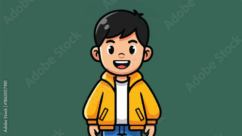 Cheerful cartoon boy in a yellow jacket, white t-shirt, and blue jeans