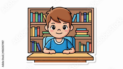 Cheerful boy sits at a desk in front of a bookshelf filled with colorful books