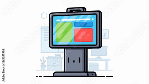 Digital kiosk displaying colorful data panels in an office setting