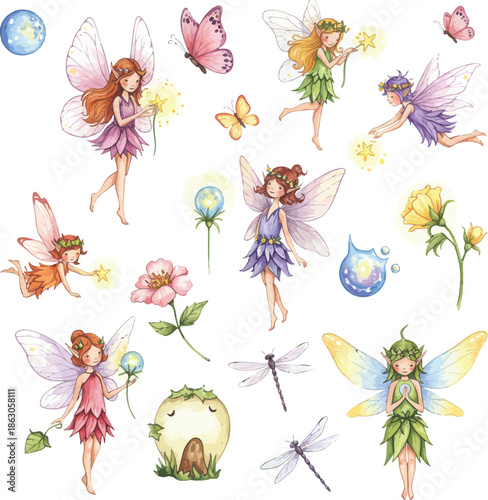 A group of colorful fairies flying in various poses and outfits