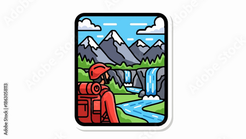 An illustration of a hiker with a red backpack and helmet, viewing mountains, waterfalls, and a river
