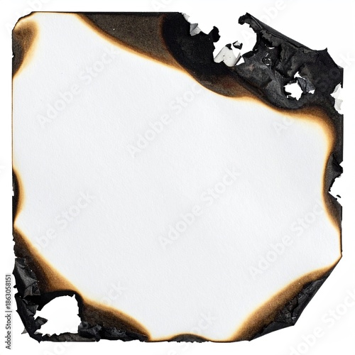 Square white paper with charred edges from burning, isolated on white