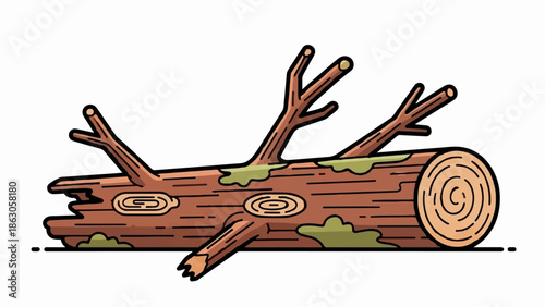 An illustration of a fallen log with several branches and moss, depicted with a thick outline
